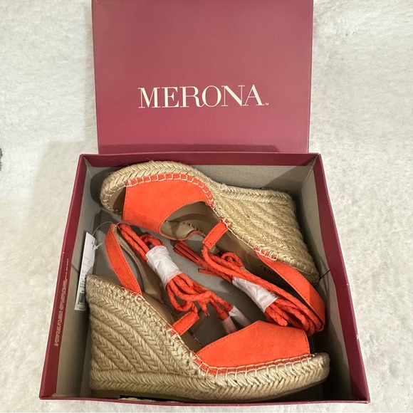 Merona Wedge Sandals Heel Ankle Tie Up Strings Peep Toe Platform Shoes Fabric - Picture 8 of 9